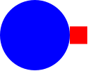 A large blue circle to the left of a small red square