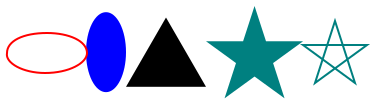 Five shapes in a row.  The first is a wide ellipse, outlined in red.  The second is a tall, thin ellipse, in solid blue.  The third is a black equilateral triangle.  The fourth is a solid teal five-pointed start.  The last is a star made of five lines.