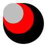 Three circles, or at least the impression of three circles.  A small gray circle is completely visible.  The gray circle obscures the top-left portion of a larger red circle.  That red circle obscures the top-left portion of a black circle.