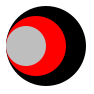 Three circles, or at least the impression thereof.  A small gray circle is cimplegely visible.  It obscures the left portion of a larger red circle, which obscures the left portion of larger black circle.