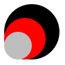 Three circles, or at least the impression of three circles.  A small gray circle is completely visible.  The gray circle obscures the bottom-left portion of a larger red circle.  That red circle obscures the bottom-left portion of a black circle.