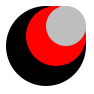 Three circles, or at least the impression of three circles.  A small gray circle is completely visible.  The gray circle obscures the top-right portion of a larger red circle.  That red circle obscures the top-right portion of a black circle.